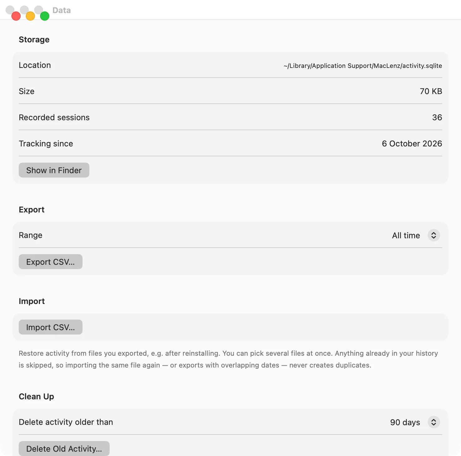 MacLenz Settings, Data: the Export and Import sections